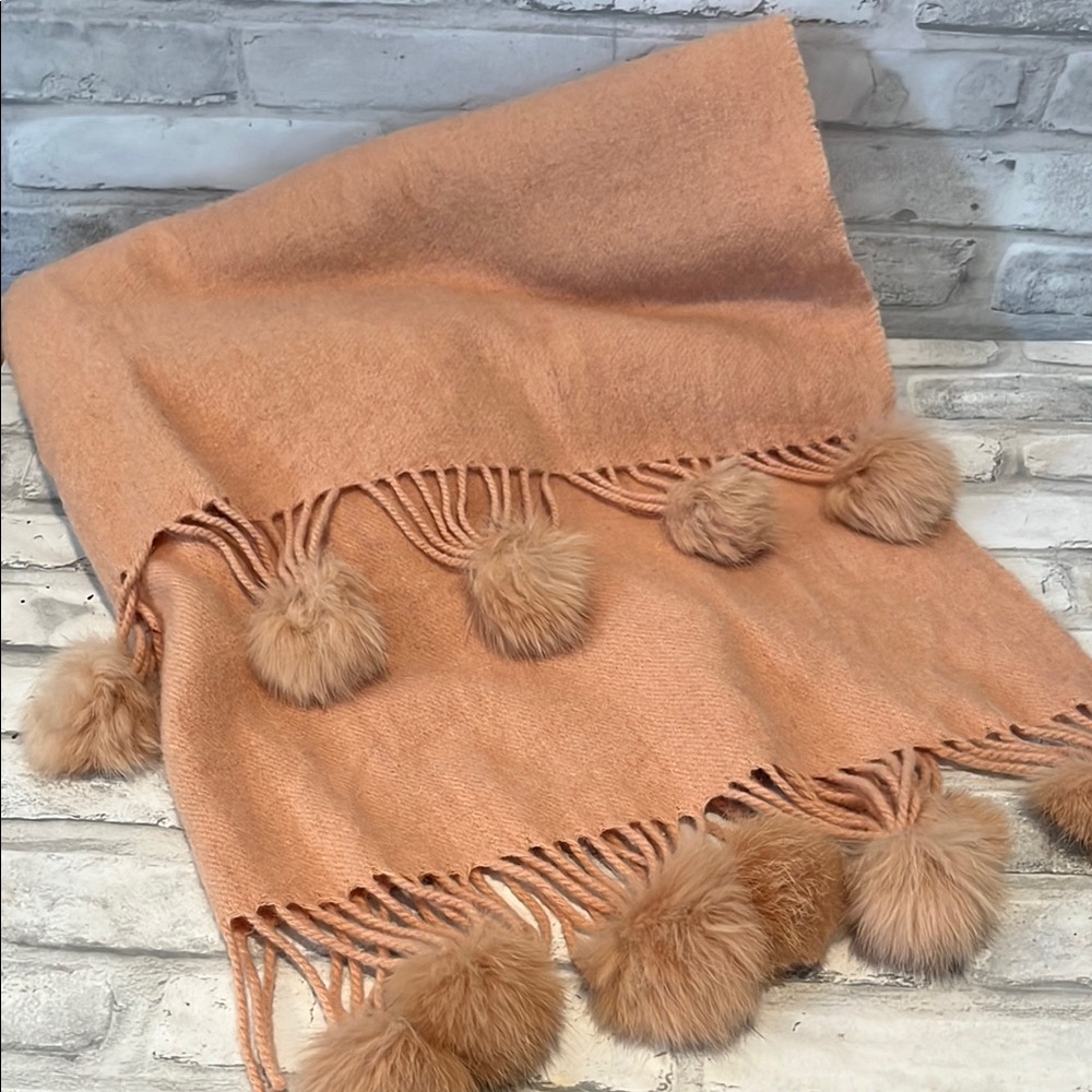 Wool cashmere Scarf with rabbit fur Pom Poms 68 inch long